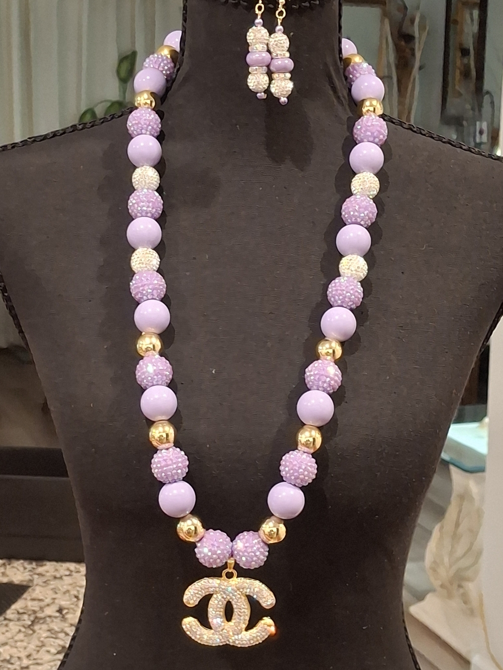 Handmade Lavender Beaded Necklace and Earring Set with Gold and Silver Accents